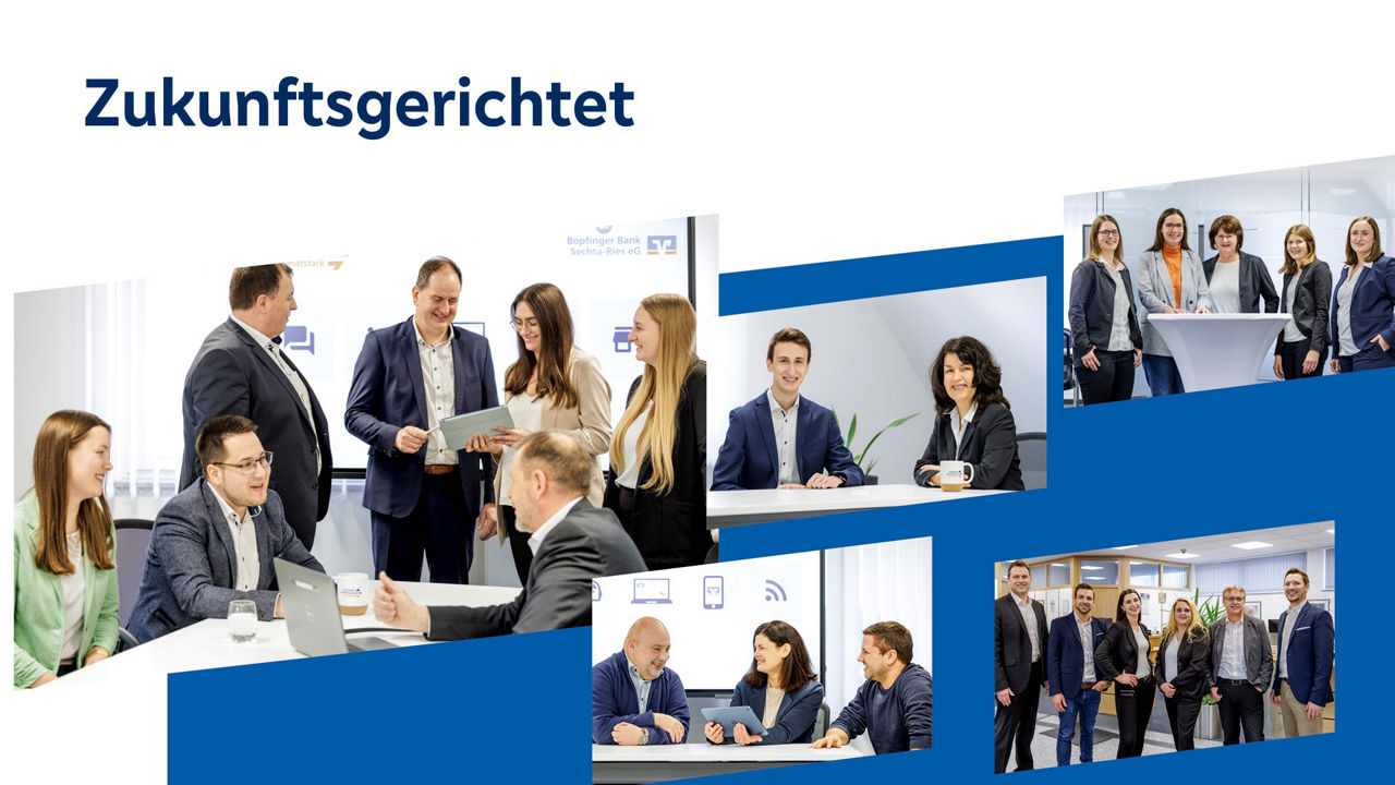 Collage aus fünf Bildern mit dem Schriftzug „Zukunftsgerichtet”, auf den Bilder sind jeweils Gruppenbilder von Menschen