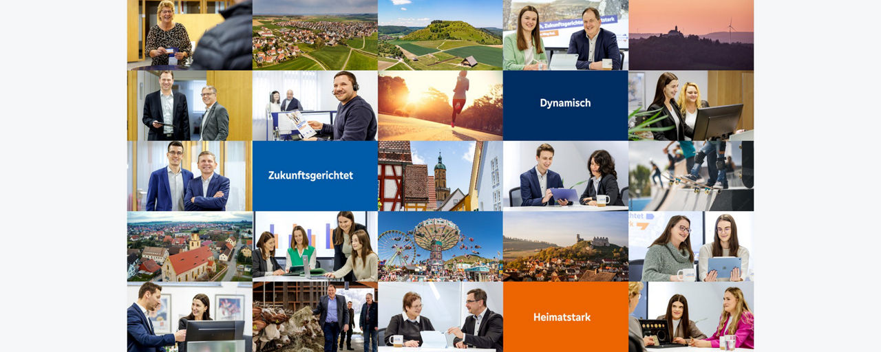 Collage aus mehreren Bilder mit Gruppenbilder, Landschaftsbilder, der Aufschrift Dynamisch, Zukunftsgerichtet und Heimatstark