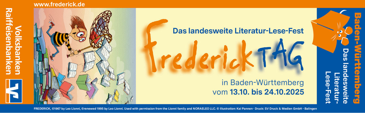 Plakat zum Frederick Tag 2025 in Baden-Württemberg: landesweites Literatur-Lese-Fest vom 13.–24. Oktober mit bunten Illustrat