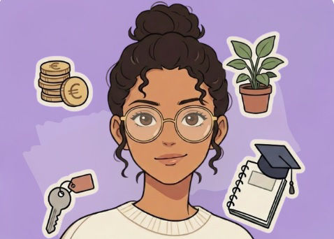 Eine junge Frau umgeben von Symbolen