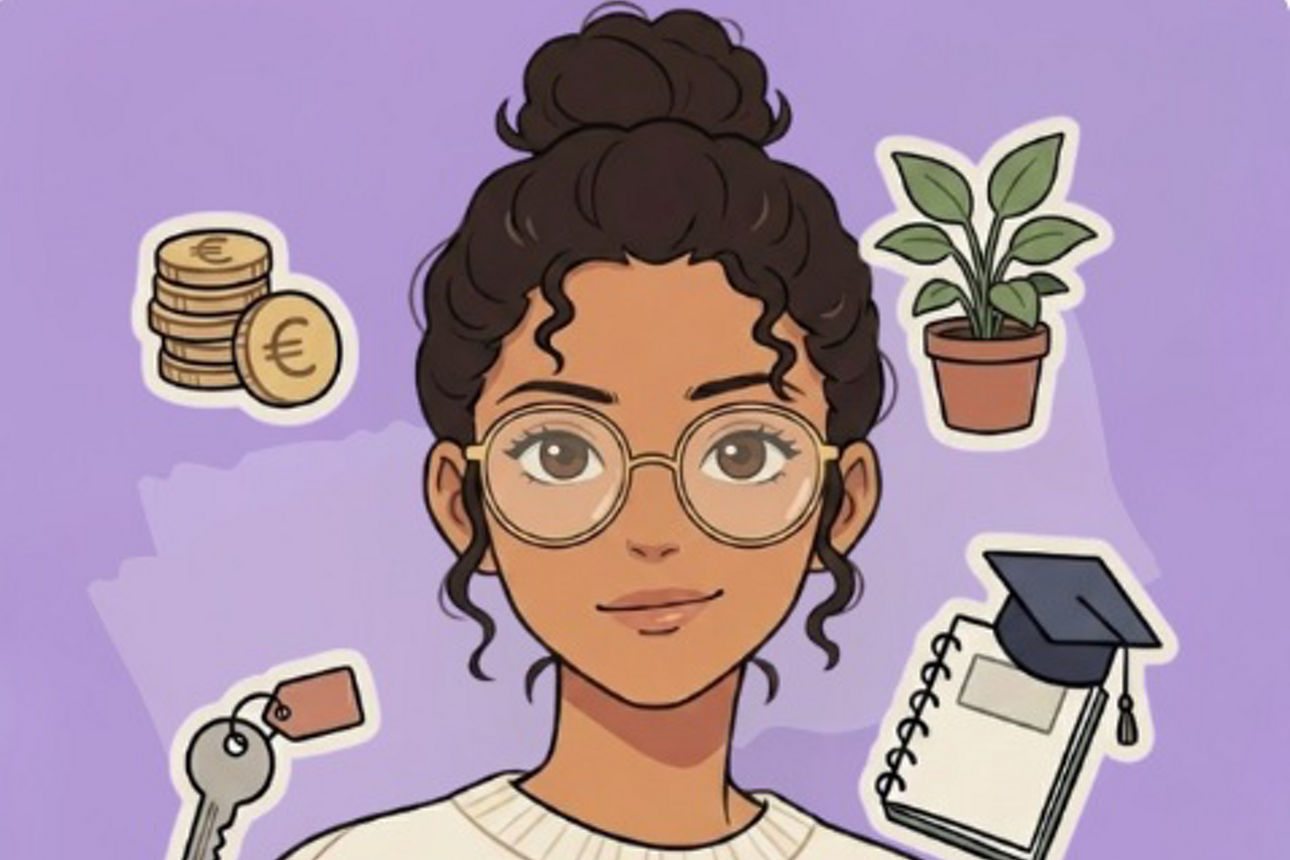 eine junge Frau umgeben von Symbolen