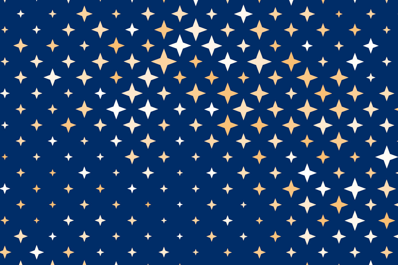 Ein dunkelblauer Hintergrund mit vielen weißen und goldenen, unterschiedlich großen Sternen, die wie eine funkelnde Lichterke