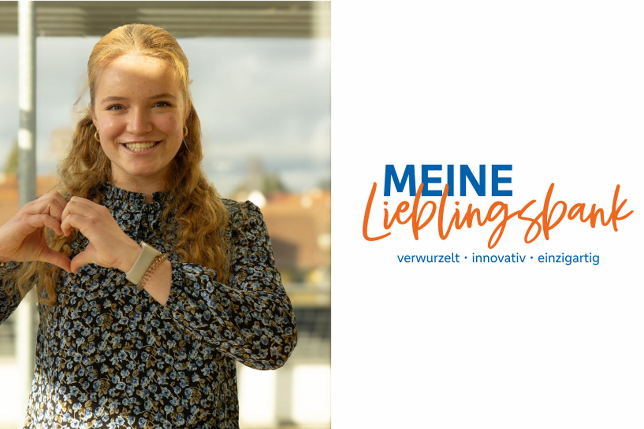 Unsere Mitarbeiter Luzie Heil und Steffen Wahl formen mit ihren Händen ein Herz zu unserem Visionslogo Meine Lieblingsbank. 