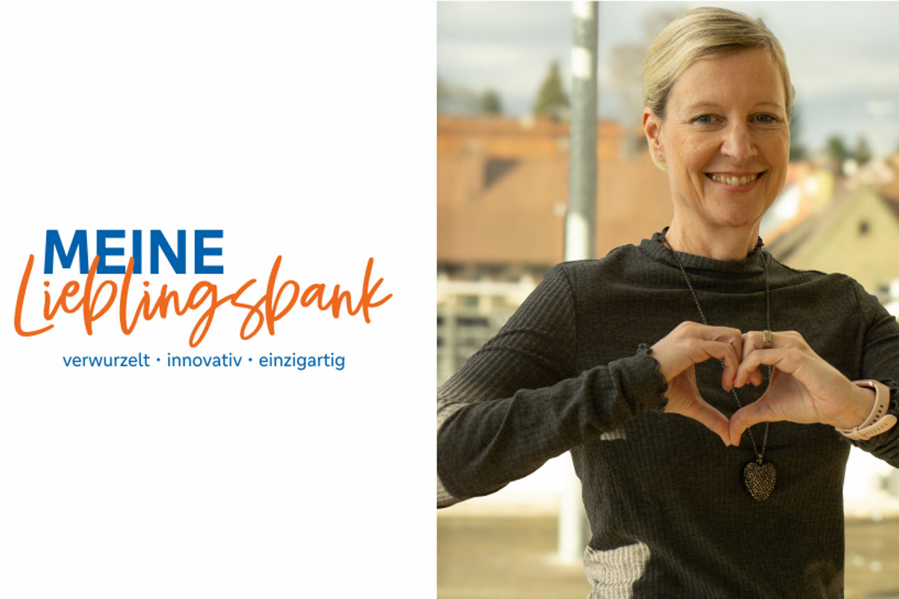 Zwei Mitarbeiter formen mit ihren Händen ein Herz zu unserem Visionslogo Meine Lieblingsbank.