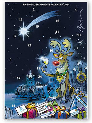 Nahaufnahme des Lions Club Adventskalenders. Abgebildet ist ein Rentier und Geschenke.