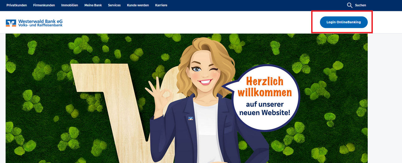 Ausschnitt der 1. Startseite der Homepage, der Login-Button zum Online-Banking ist rot eingerahmt.