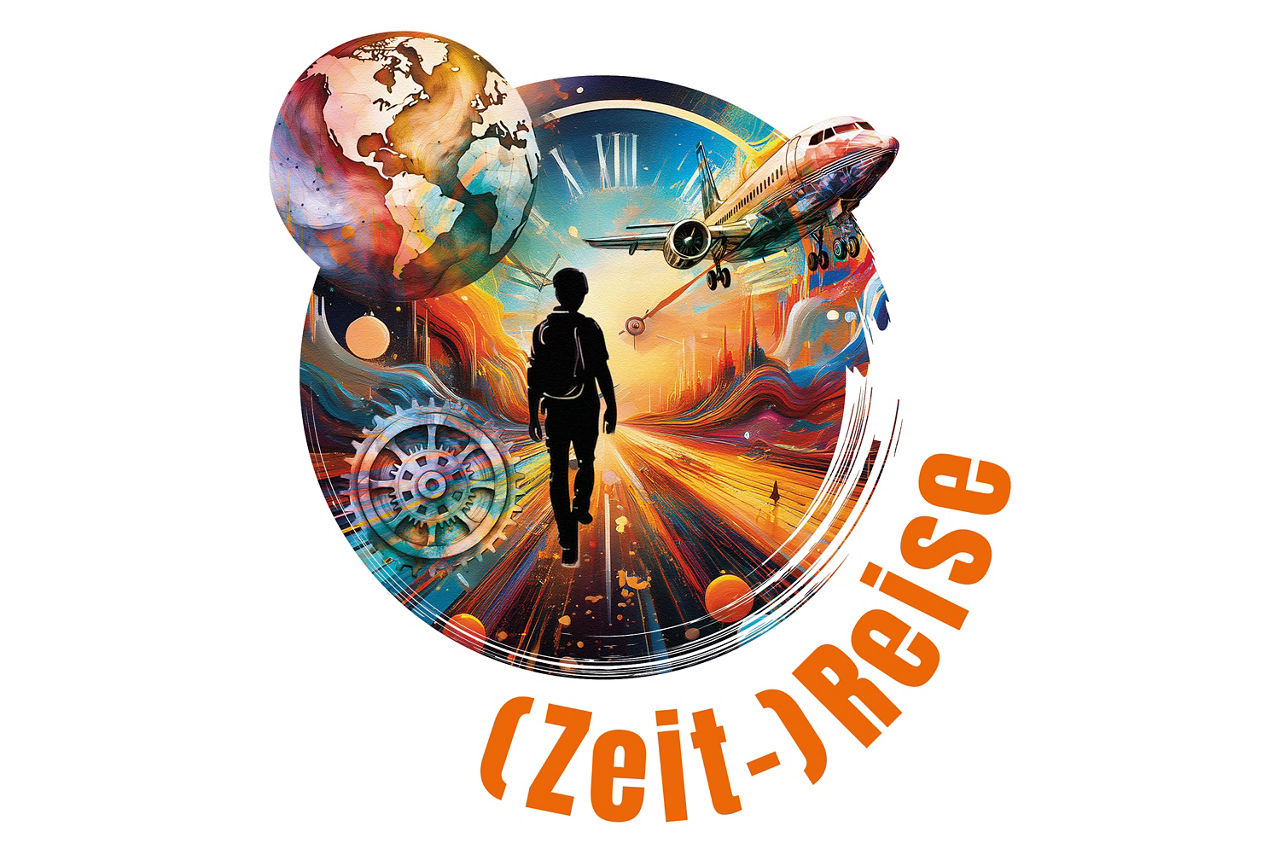 Darstellung einer Reise durch Vergangenheit und Zukunft in einem Kreis,  in der Mitte ein Mensch und Schriftzug Zeitreise