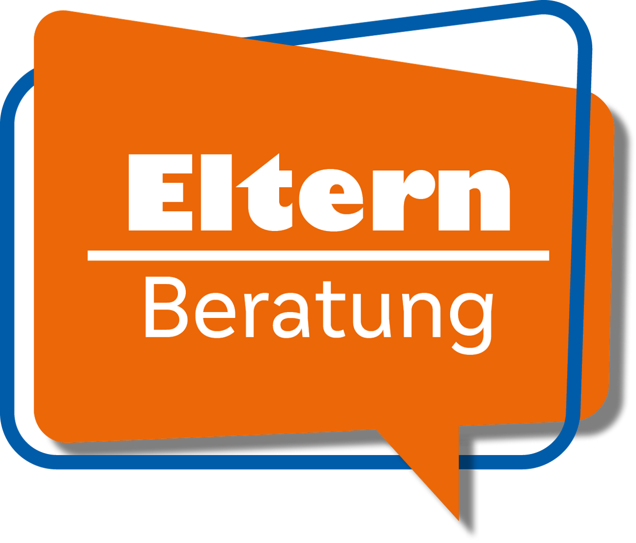 Logo Elternberatung - orange Sprechblase mit blauem Rahmen und Schriftzug Elternberatung
