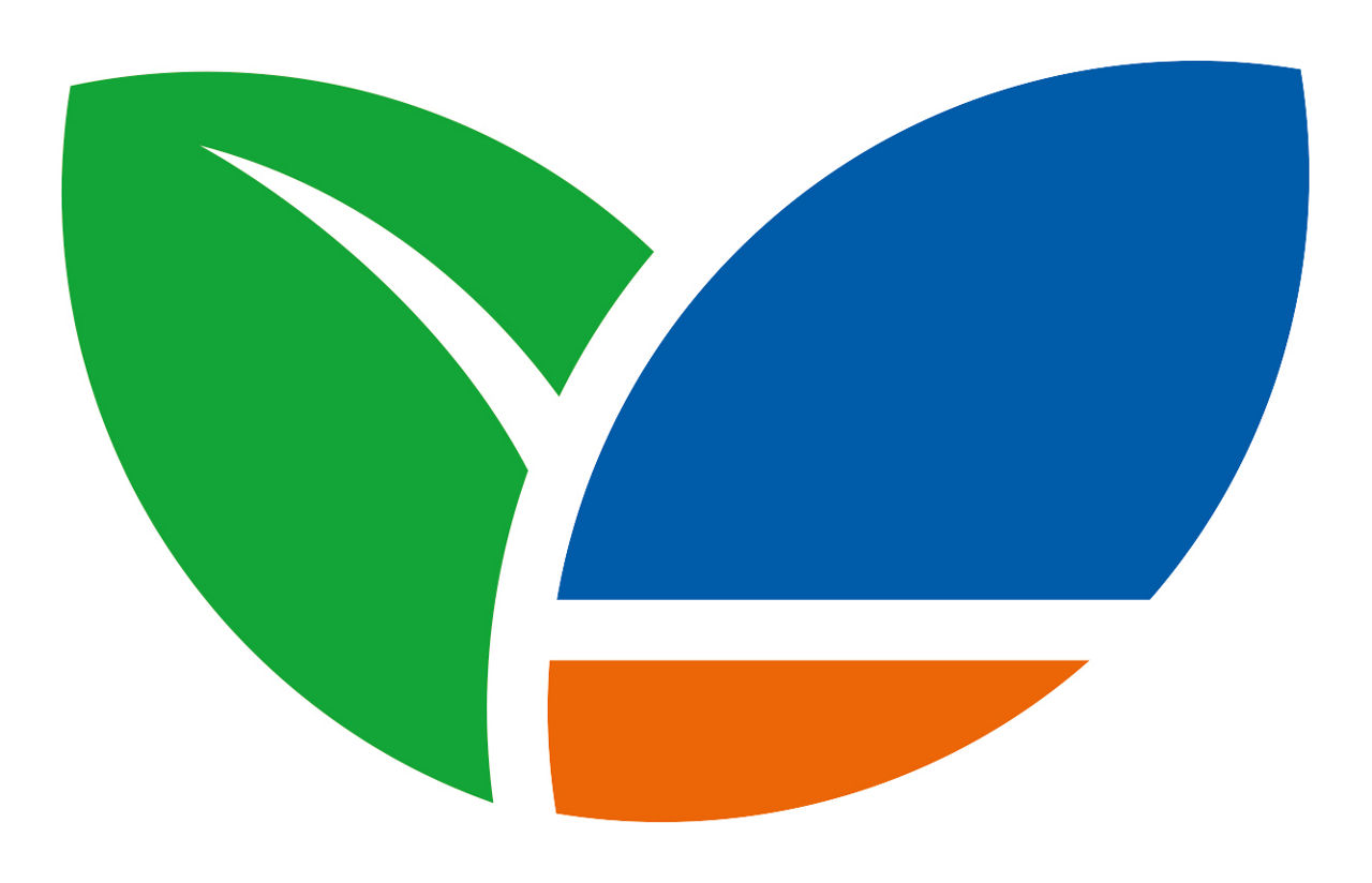 Nachhaltigkeitslogo, bestehend aus zwei Blättern, eins in Grün und das andere in den Farben Orange und Blau.