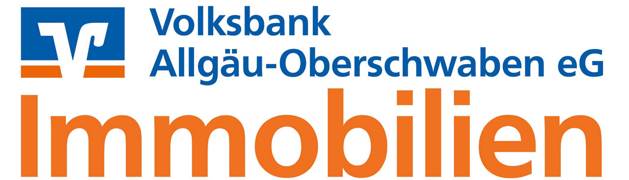In blauer und orangener Schrift ist zu lesen "Volksbank Allgäu-Oberschwaben Immobilien"