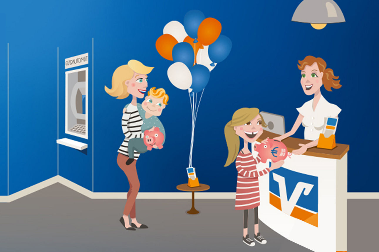 Illustration zum Spartag mit Kunden, Luftballons und einer Bankberaterin an der Kasse.
