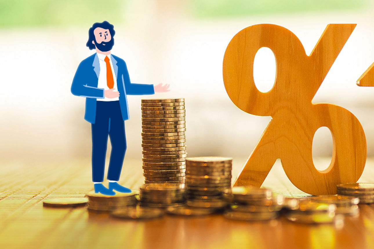 Grafische Darstellung von zwei Figuren die neben einem nach oben zeigenden Pfeil und einem Prozentzeichen stehen