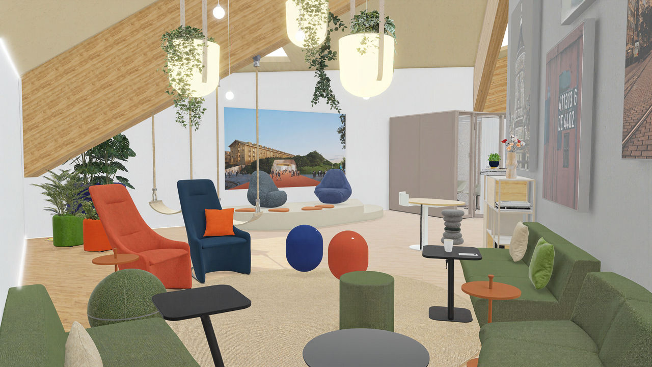 Rendering der FRANKLIN Lounge mit Sitzgelegenheiten für unsere Kunden