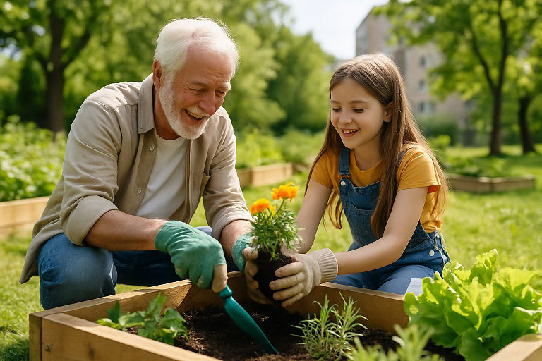 Älterer Mann und junges Mädchen pflanzen gemeinsam Blumen in einem Hochbeet im Garten