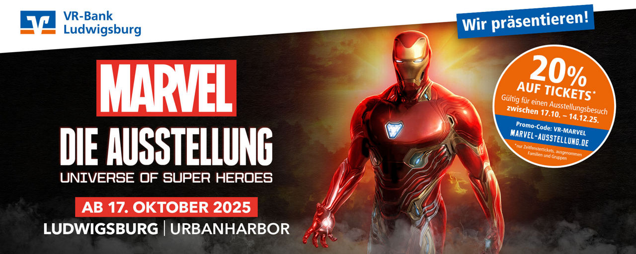 Plakat zur Marvel-Ausstellung in Ludwigsburg mit Superhelden und 20 % Rabatt auf Tickets.