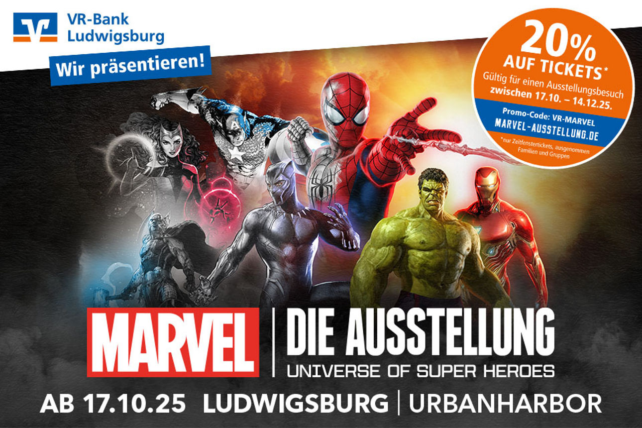 Plakat zur Marvel-Ausstellung in Ludwigsburg mit Superhelden und 20 % Rabatt auf Tickets.