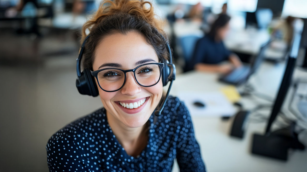 Frau mit Headset schaut lächelnd in die Kamera