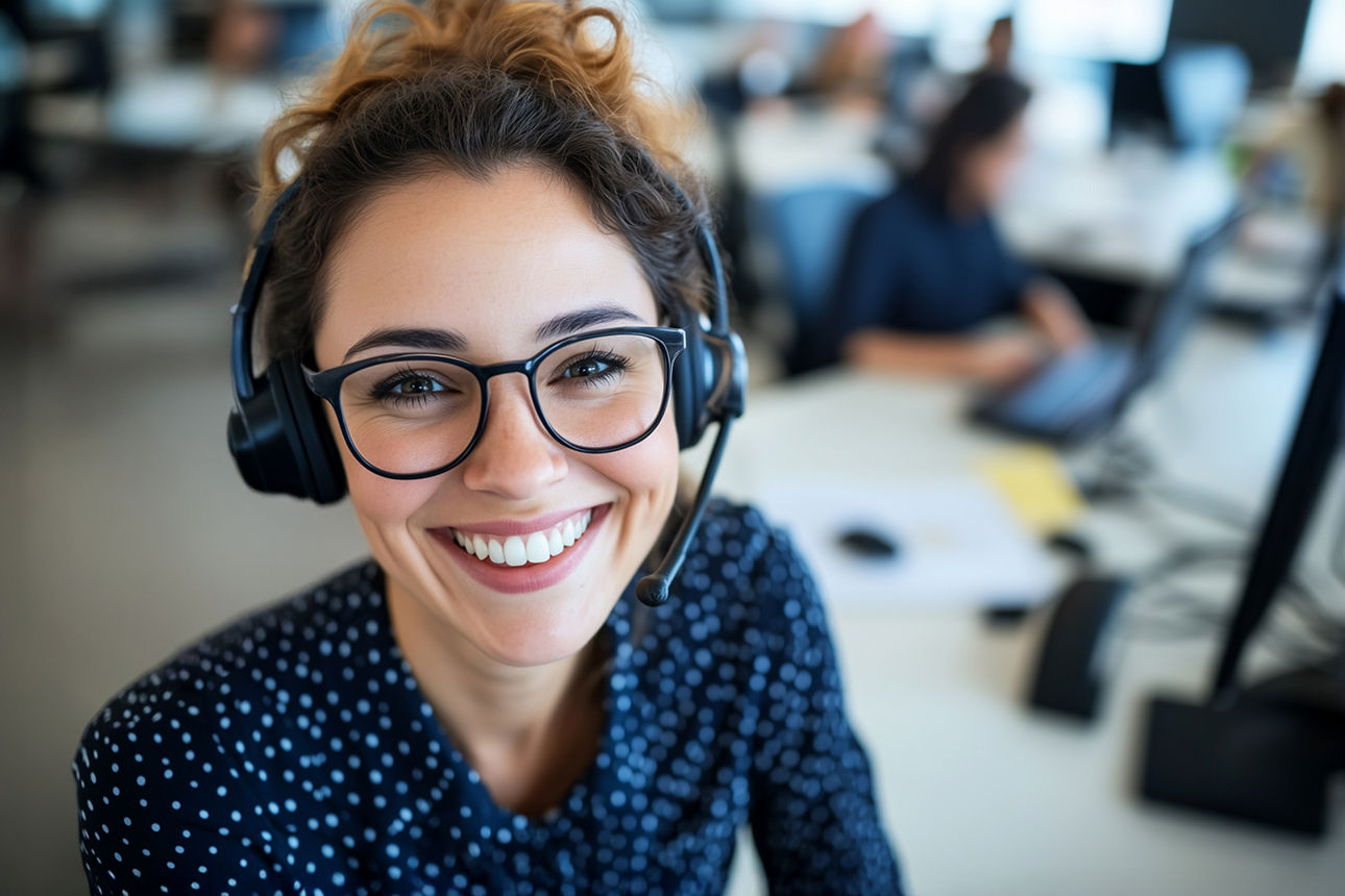 Frau mit Headset schaut lächelnd in die Kamera