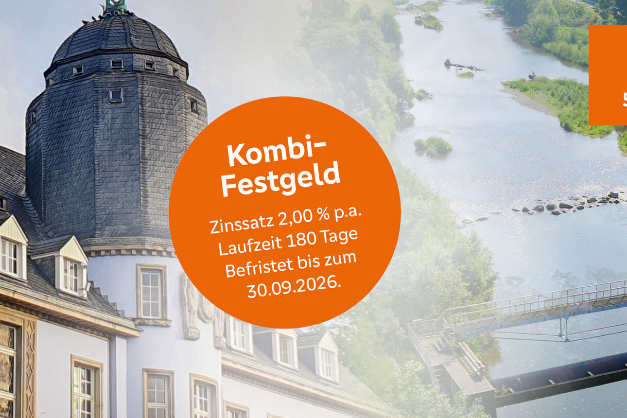 Historisches Gebäude und Wasserkraftwerk als Symbol für nachhaltige Geldanlage im Kombi-Festgeld „PowerMix Heimat“.