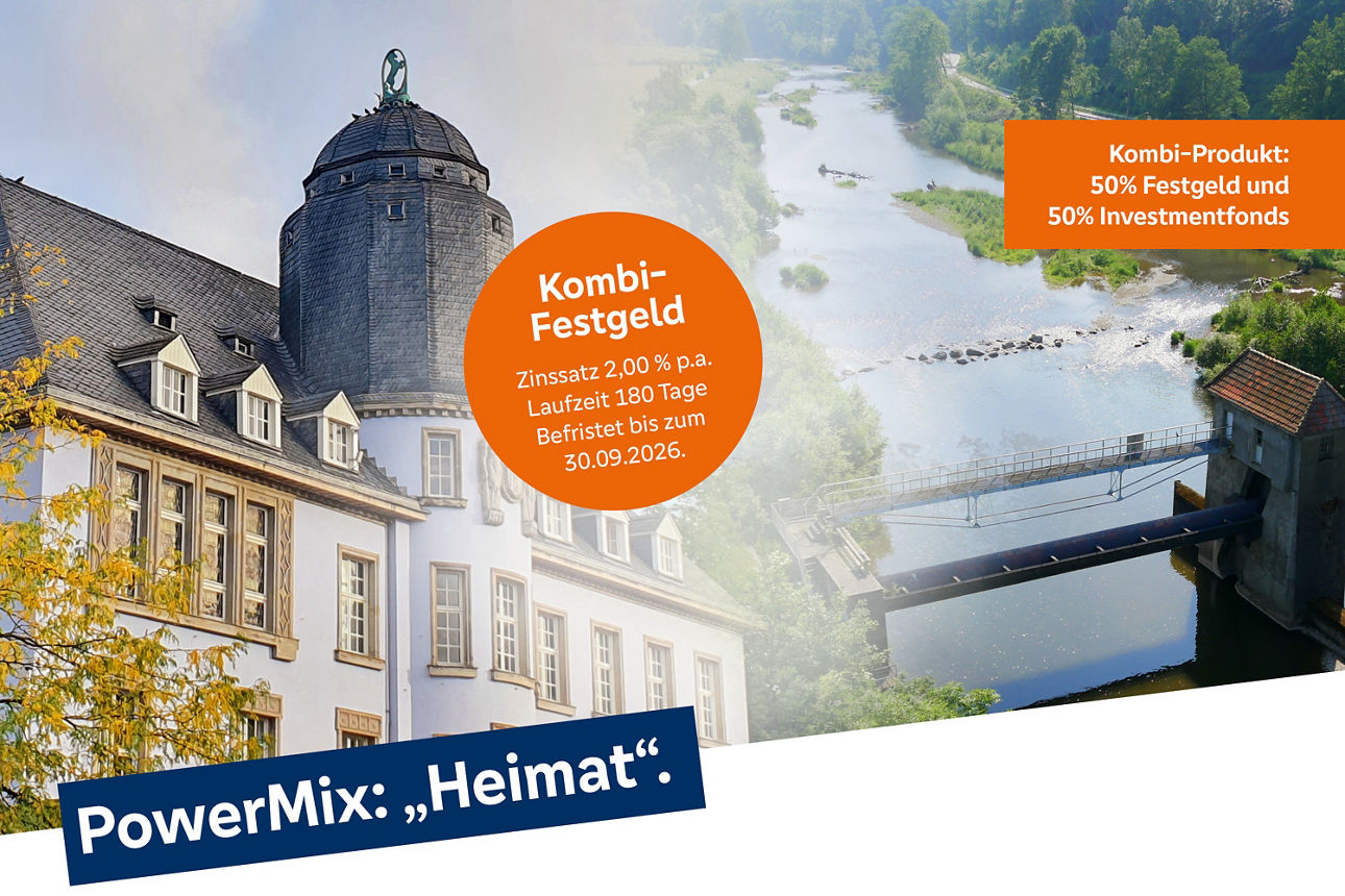 Historisches Gebäude und Wasserkraftwerk als Symbol für nachhaltige Geldanlage im Kombi-Festgeld „PowerMix Heimat“.
