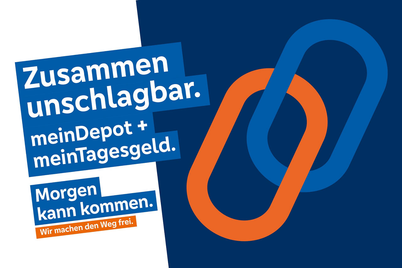 Grafik mit zwei verbundenen Ovalen und dem Slogan "Zusammen unschlagbar. meinDepot + meinTagesgeld."