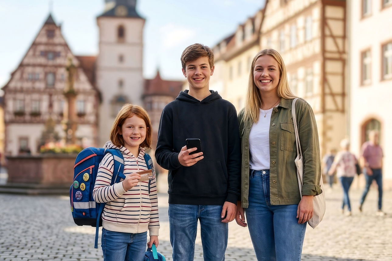 Drei junge Menschen in einer historischen Altstadt | KI-generiertes Bild: