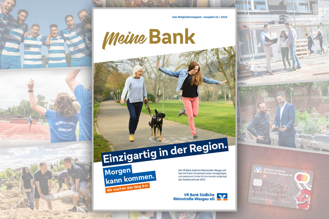 Titelseite eines Magazins mit zwei Frauen und einem Hund beim Spaziergang. Im Hintergrund unscharfe Bilder verschiedener Szen