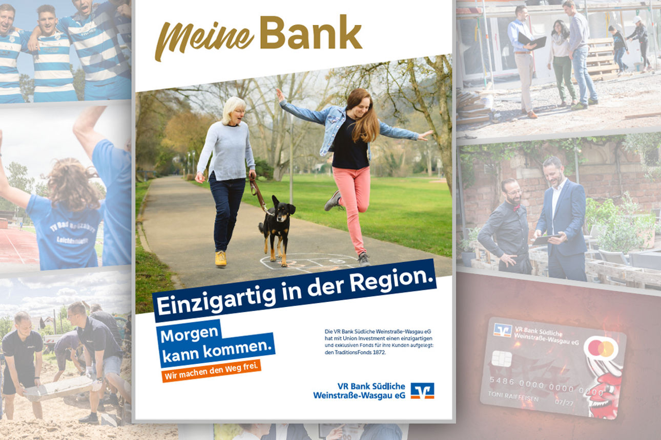 Titelseite eines Magazins mit zwei Frauen und einem Hund beim Spaziergang. Im Hintergrund unscharfe Bilder verschiedener Szen