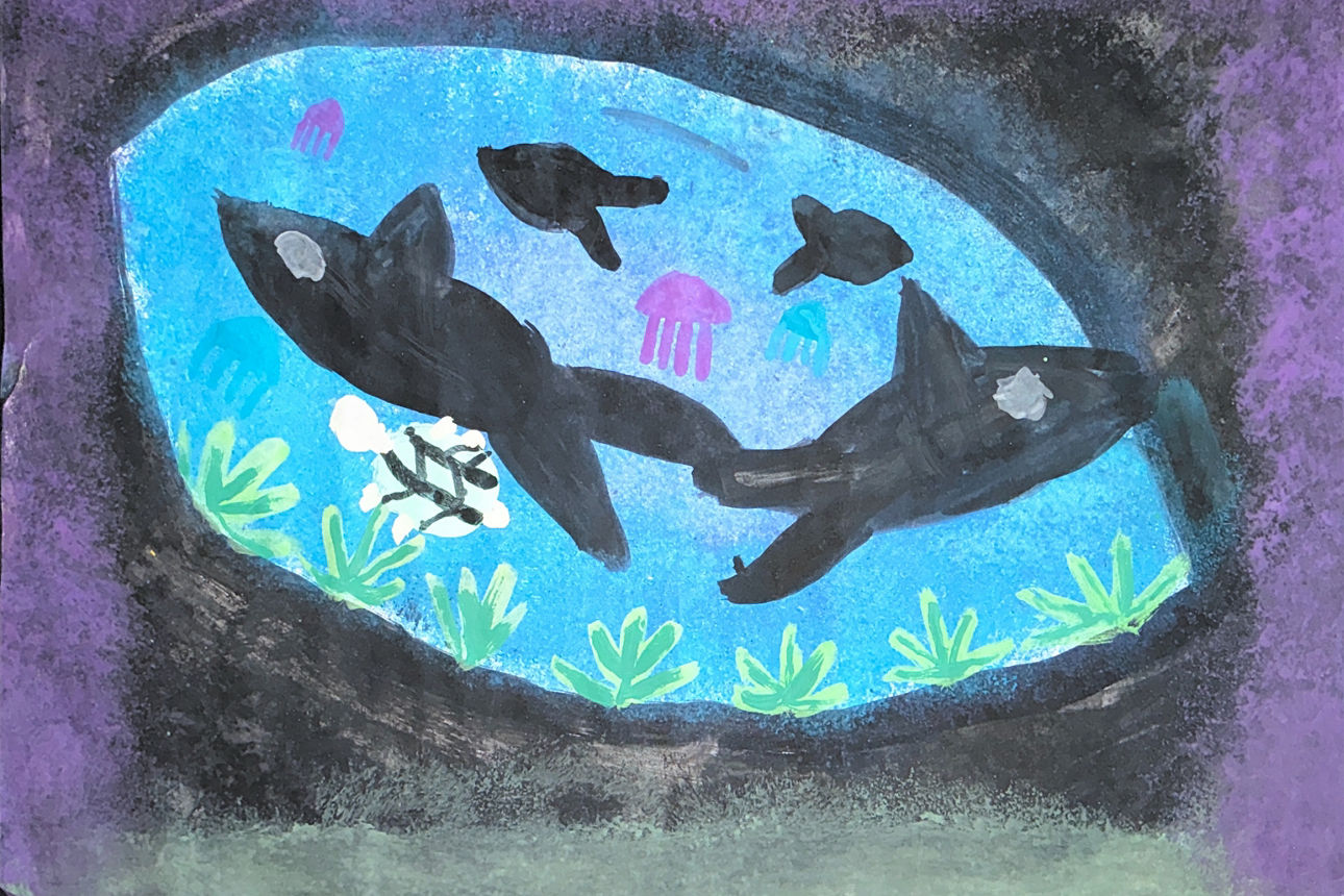 Ein gezeichnetes Bild mit Fischen die im Wasser schwimmen