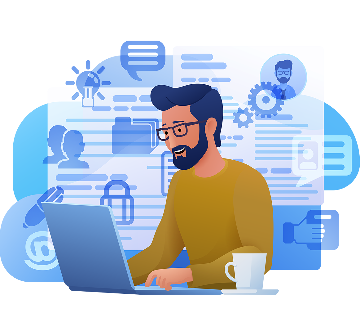 Mann sitzt vor Computer mit verschiedenen Aktionsmöglichkeiten im Hintergrund