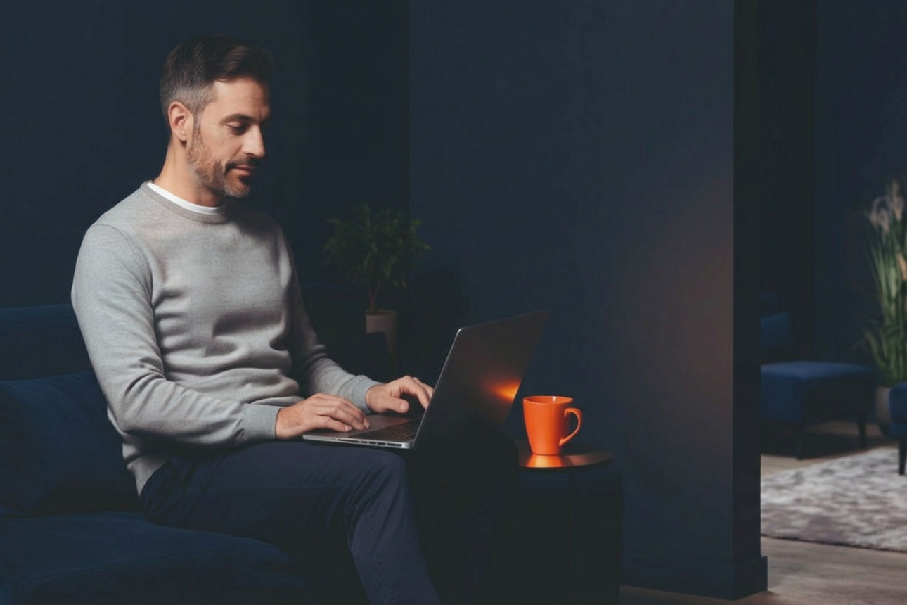 Mann sitzt im Wohnzimmer und arbeitet am Laptop