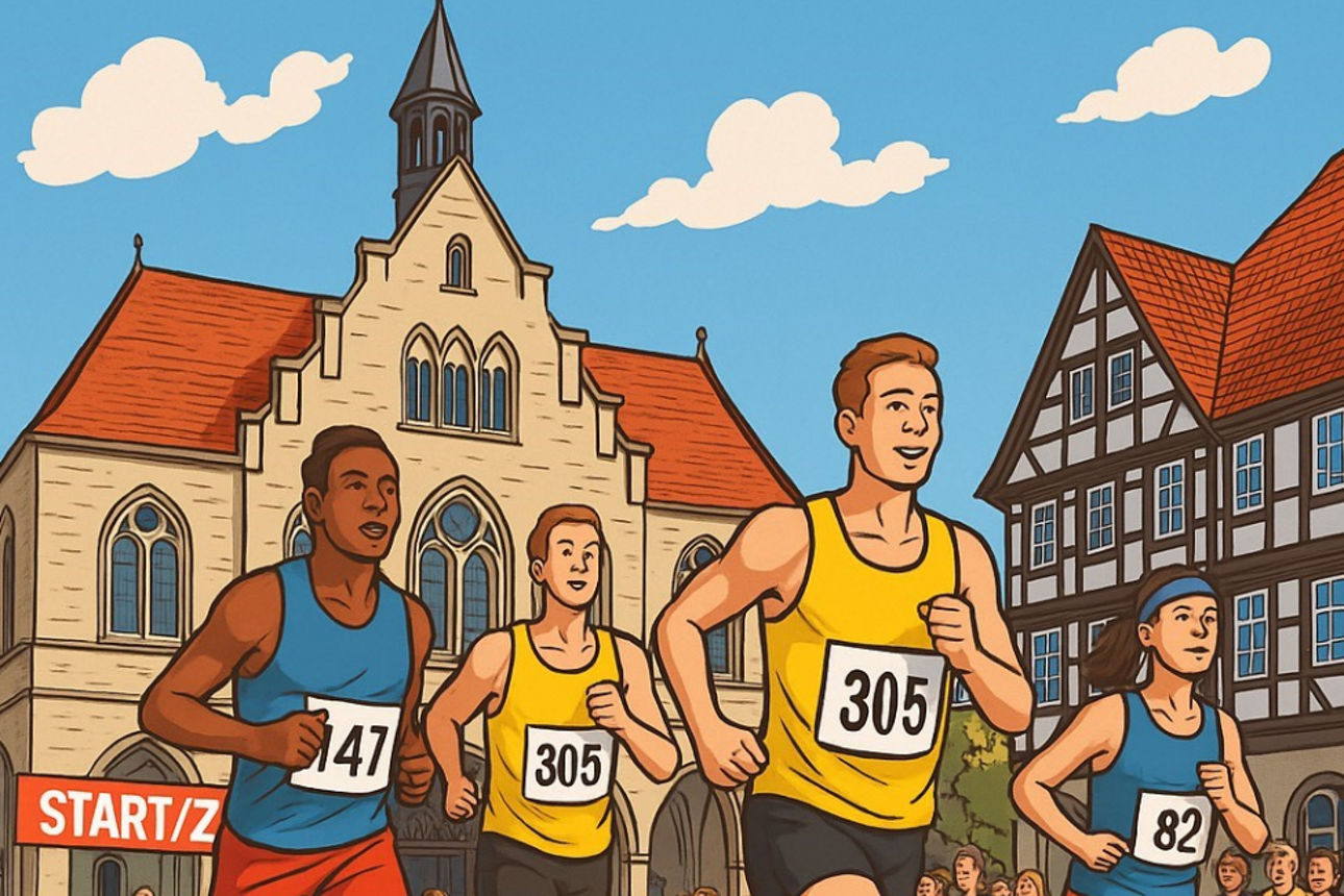 Visualisierung des Soester Stadtlauf vor dem Marktplatz im Comic-Stil.
