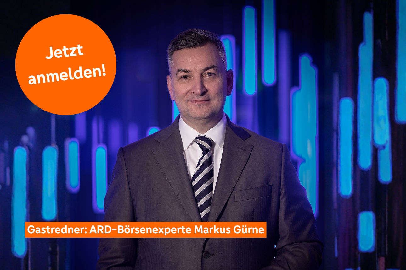 Foto: Markus Grüne - Text: "Jetzt anmelden!" - "Gastredner: ARD-Börsenexperte Markus Gürne"