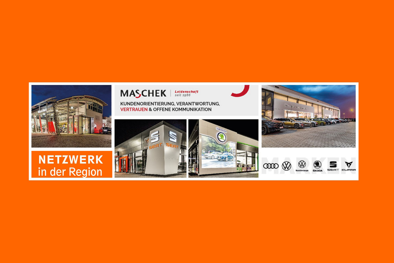 Eine Fotomontage, die die Räumlichkeiten und das Branding des Autohauses Maschek zeigt.