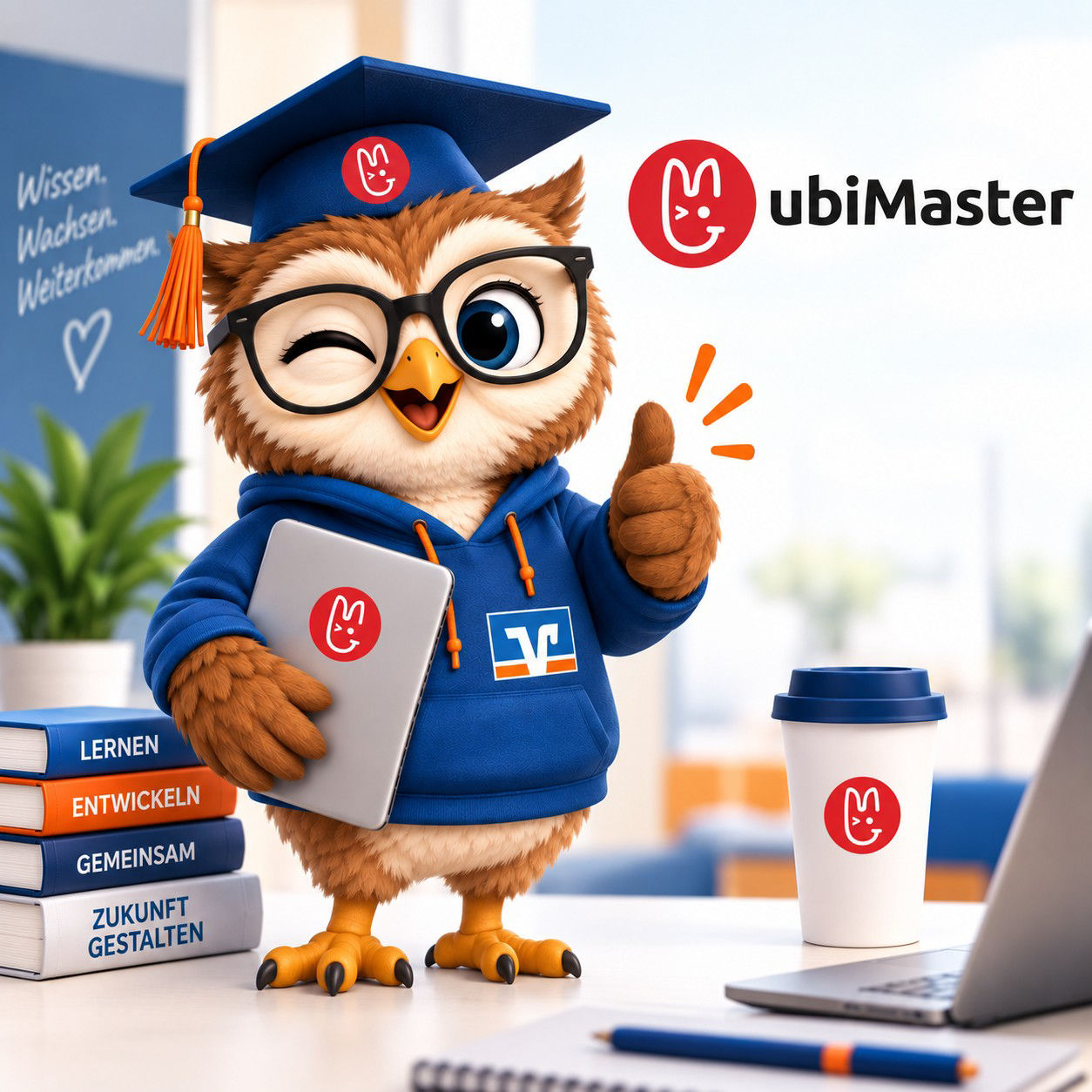 Ein Eulen-Maskottchen mit Laptop und Doktorhut wirbt für ubiMaster und steht für digitale Lernunterstützung, Bildung und Moti