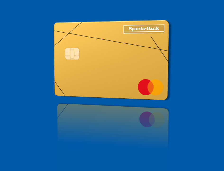 Vorderseite der goldenen Mastercard® Gold (Kreditkarte) mit Spiegelung