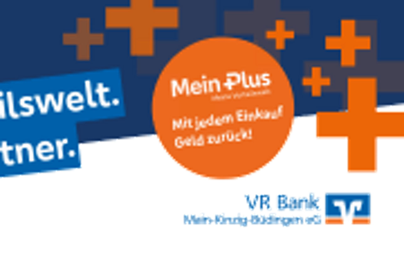 Auf der Werbegrafik steht "MeinPlus - Meine Vorteilswelt. Wir sind Partner". Die Schrift ist weiß auf hellblauen Balken.