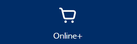Blaues Rechteck mit einem weißen Einkaufssymbol und einem weißen Schriftzug "Online+"