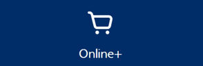 Blaues Rechteck mit einem weißen Einkaufssymbol und einem weißen Schriftzug "Online+"