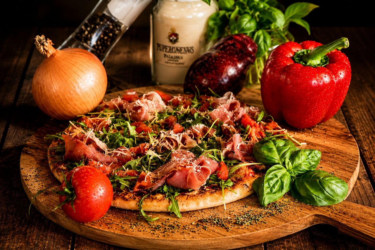 Pizza mit Schinken, Käse und Kräutern auf Holzbrett umgeben von Zwiebel, Tomate, Paprika, Aubergine, Basilikum und Gewürzflaschen