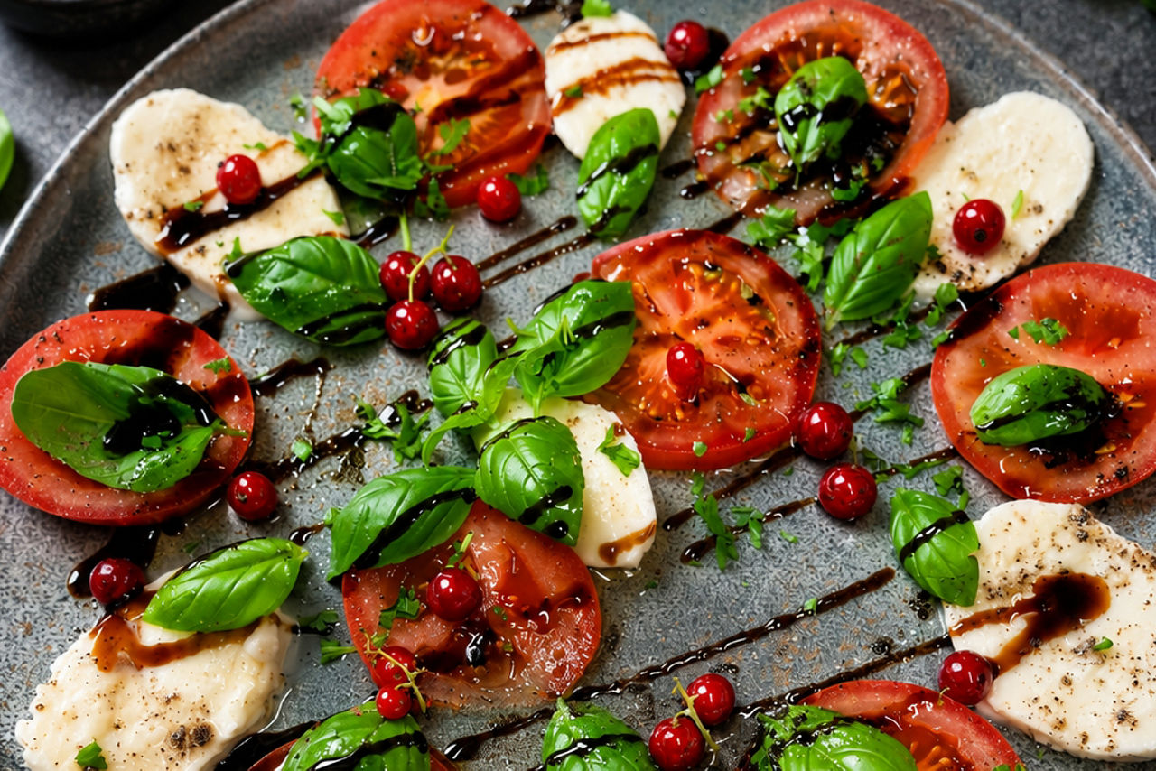 Teller mit Tomatenscheiben, Mozzarellascheiben, Basilikumblättern und roten Beeren, garniert mit Balsamico-Glasur