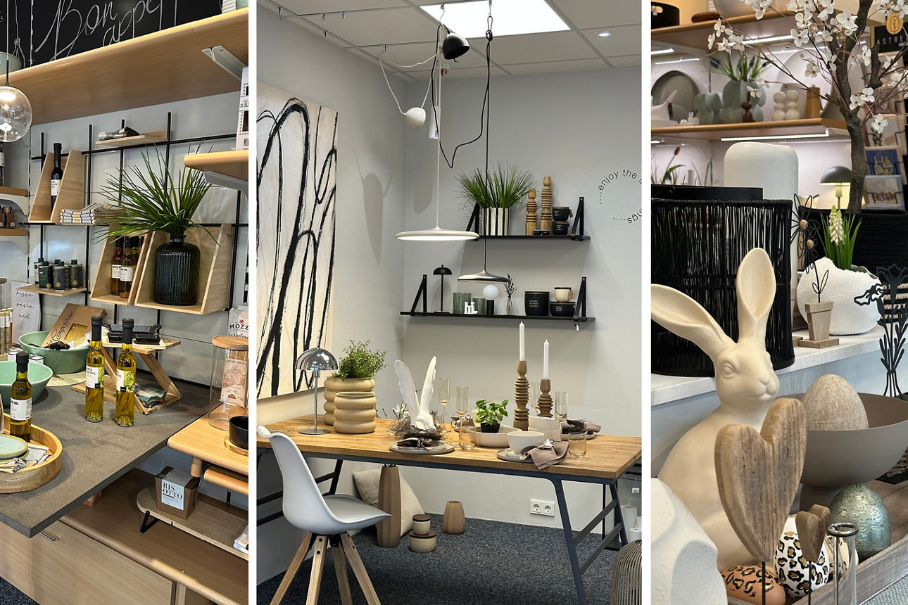 Drei Aufnahmen von modern dekorierten Innenräumen mit Tischen, Stühlen, Pflanzen und Dekoartikeln, darunter eine Hasenfigur