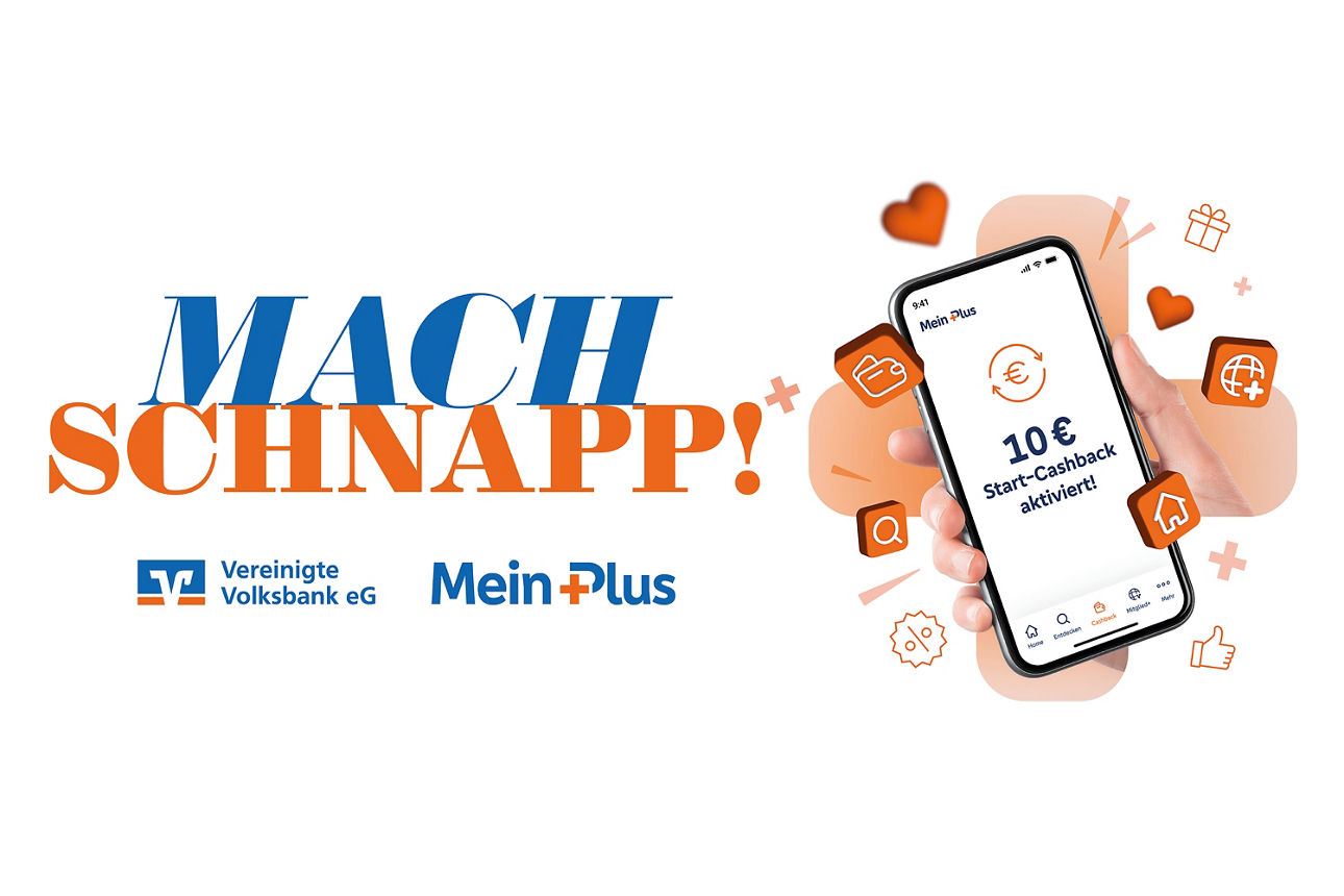 Textmotiv mit dem Titel "Mach Schnapp!". Daneben ein Bild eines Smartpohnes mit dem Text "10 € Start-Cashback aktiviert!"