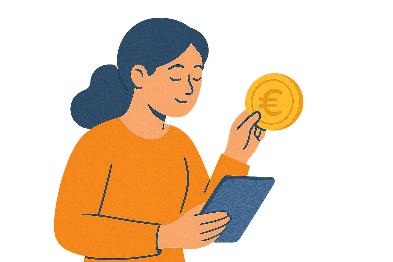 Eine Frau sitzt entspannt mit einem Tablet, während sie eine Münze in ein digitales Sparschwein auf ein Smartphone einwirft.