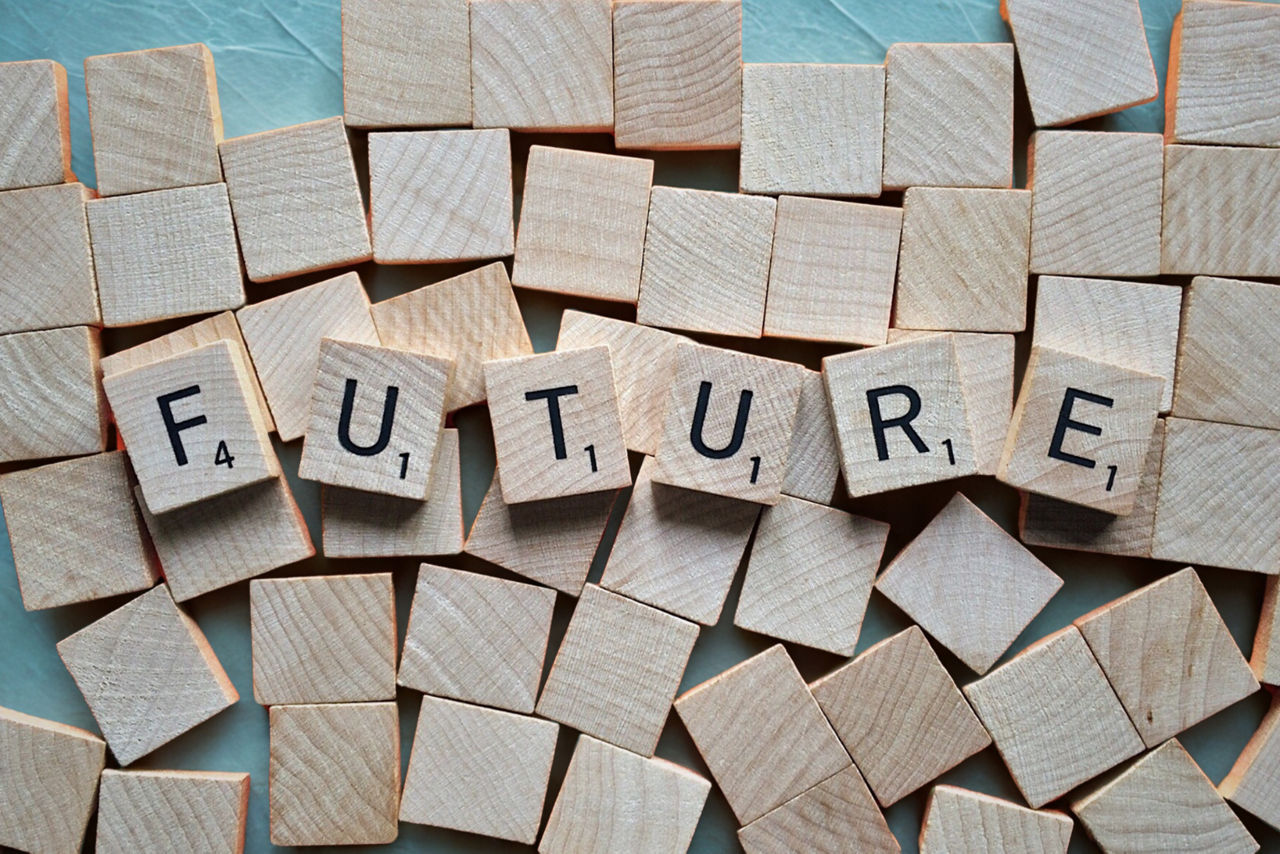 Holzbuchstabensteine, die das Wort "Future" bilden.