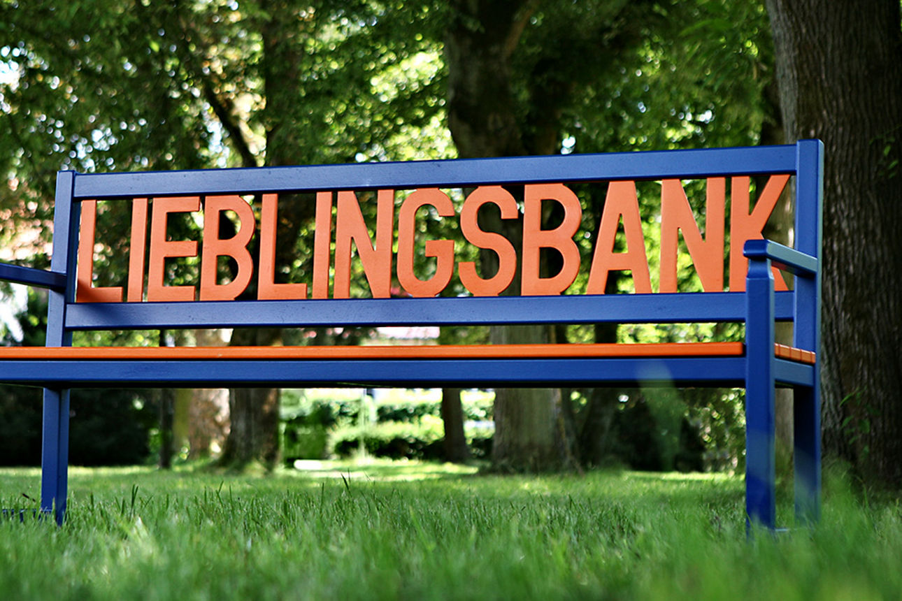 Eine aus Holzgeschnitzte Lieblingsbank stehend auf einer Wiese.