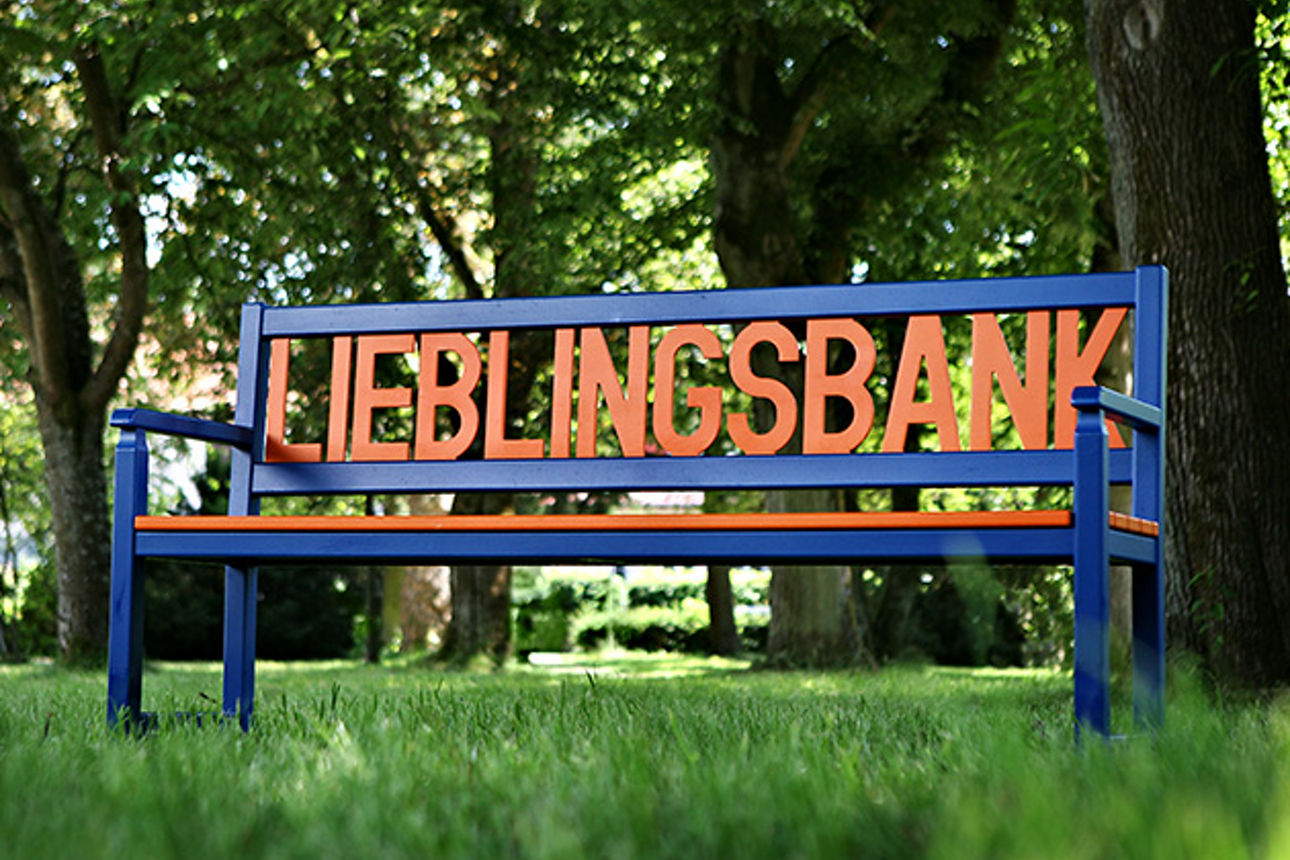 Eine aus Holzgeschnitzte Lieblingsbank stehend auf einer Wiese.