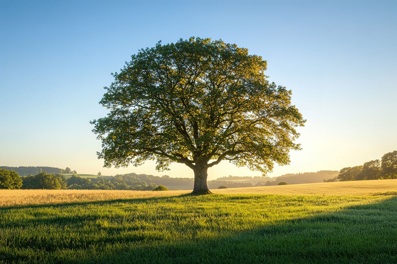Ein üppig grüner Baum mit leuchtenden Blättern vor einem klaren blauen Himmel