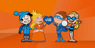 Illustration von vier Sparhelden, zwei Jungen  und zwei Mädchen vor orangefarbenen Hintergrund