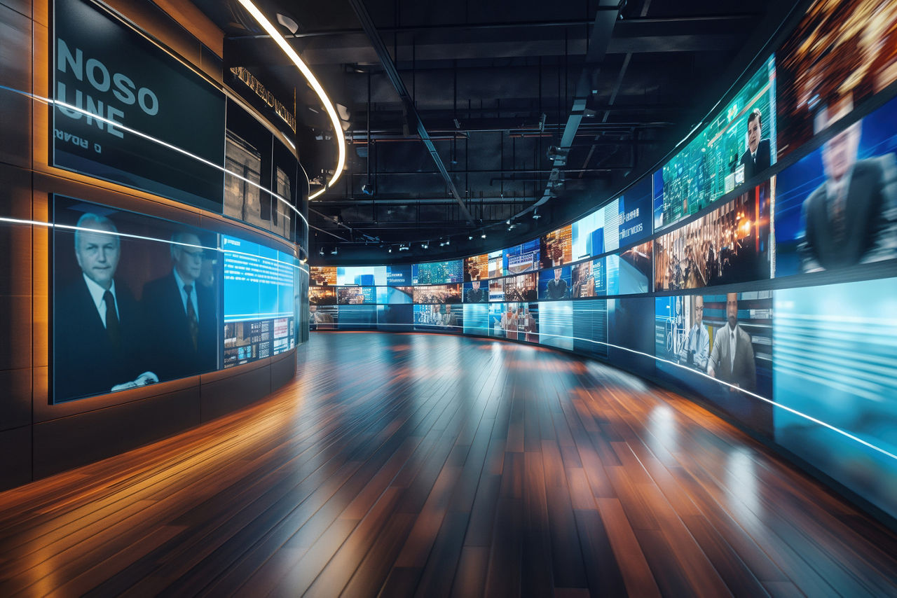 Blurred wall of television screens broadcasting 24/7 news and media. Concept of internet, AI, and nonstop data as wallpaper b